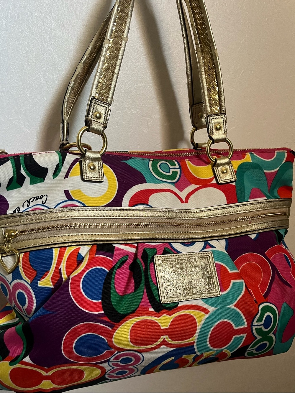 Colorful Coach Poppy Multicolor Pattern Shoulder Bag with Gold Accents